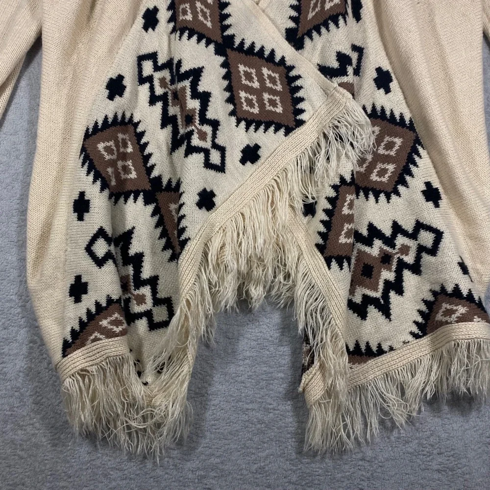 No Boundaries Cardigan Women Large L Cream Southwestern Fringe Open‎ Front Knit